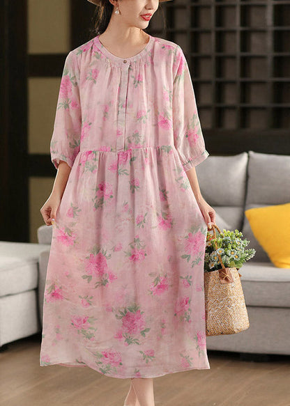 Round Neck Button Placket Three Quarter Sleeve Floral Empire Waist Midi Dress