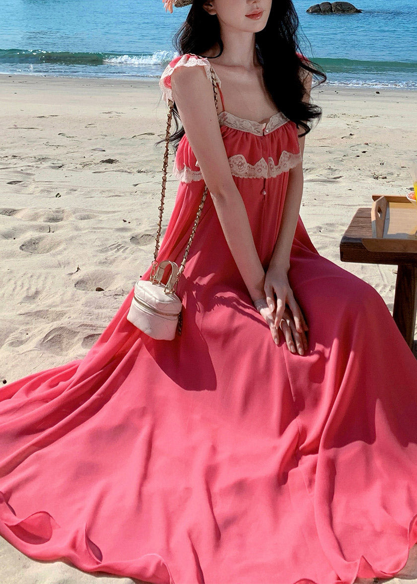 Square Neck Spaghetti Strap Lace Trim Ruffle Tier Floor Length Maxi Dress