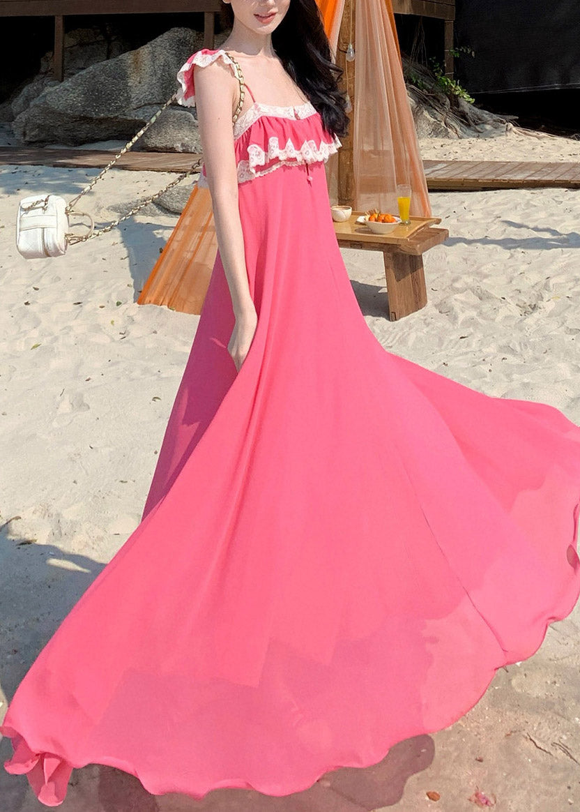 Square Neck Spaghetti Strap Lace Trim Ruffle Tier Floor Length Maxi Dress