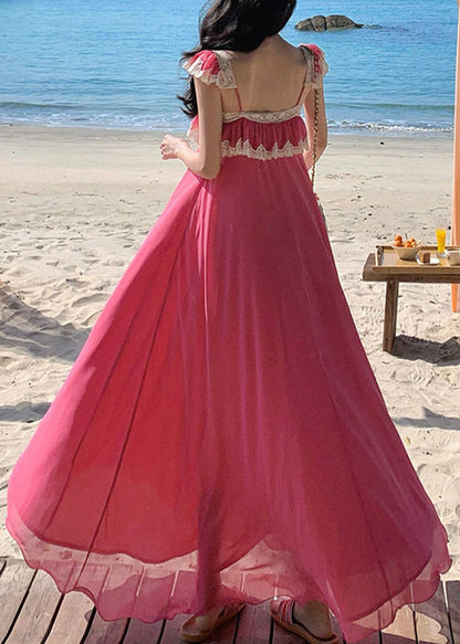 Square Neck Spaghetti Strap Lace Trim Ruffle Tier Floor Length Maxi Dress