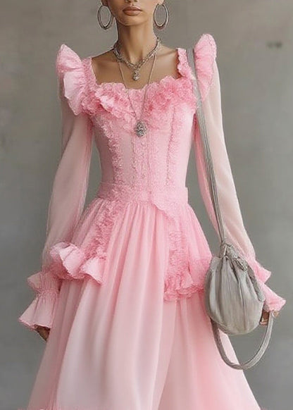 Square Neck Ruffle Shoulder Tiered Organza Ruffle Hem Midi Dress