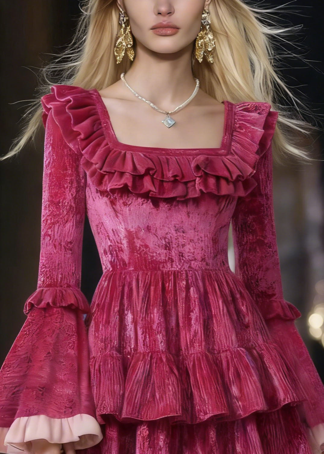 Square Neck Bell Cuff Velvet Tiered Ruffle Mini Dress