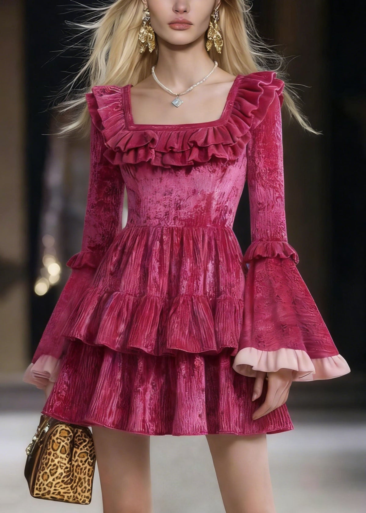 Square Neck Bell Cuff Velvet Tiered Ruffle Mini Dress