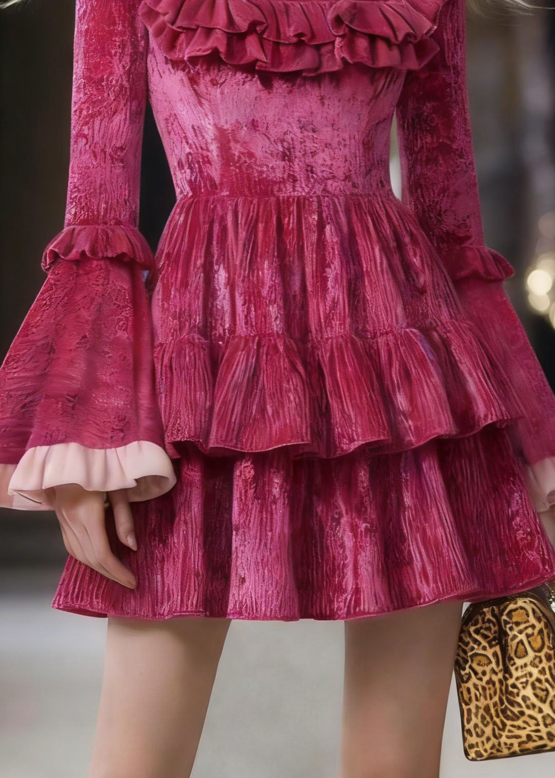 Square Neck Bell Cuff Velvet Tiered Ruffle Mini Dress
