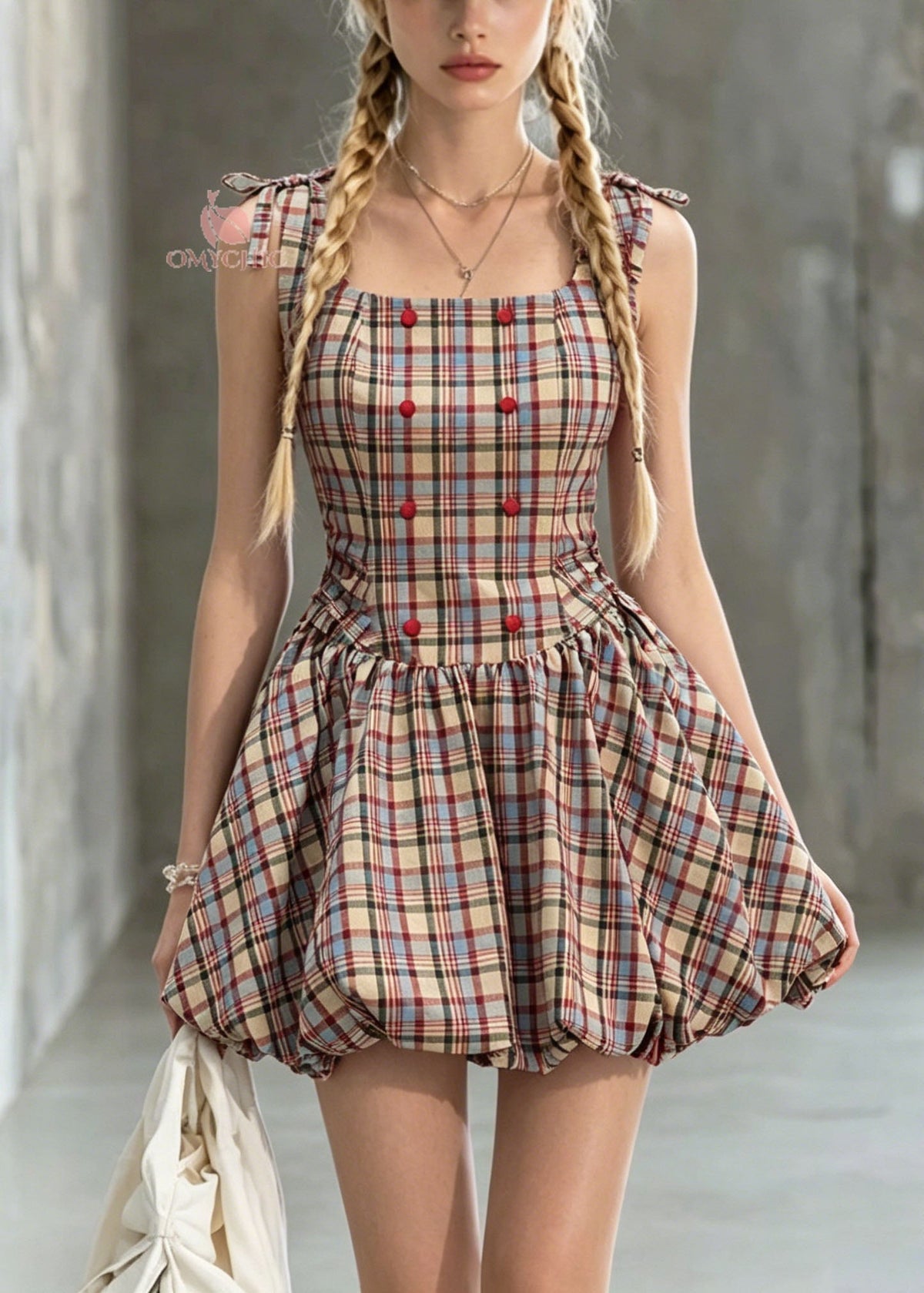 Square Collar Plaid Double-Breasted Bubble Skirt Mini Dress