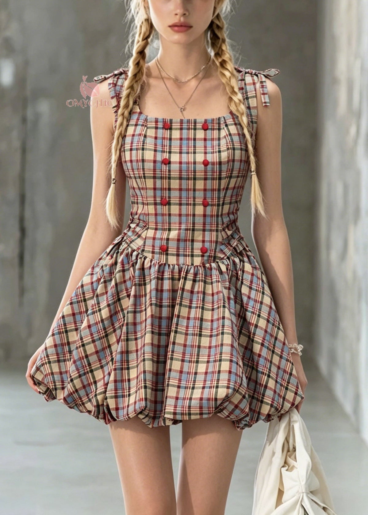 Square Collar Plaid Double-Breasted Bubble Skirt Mini Dress