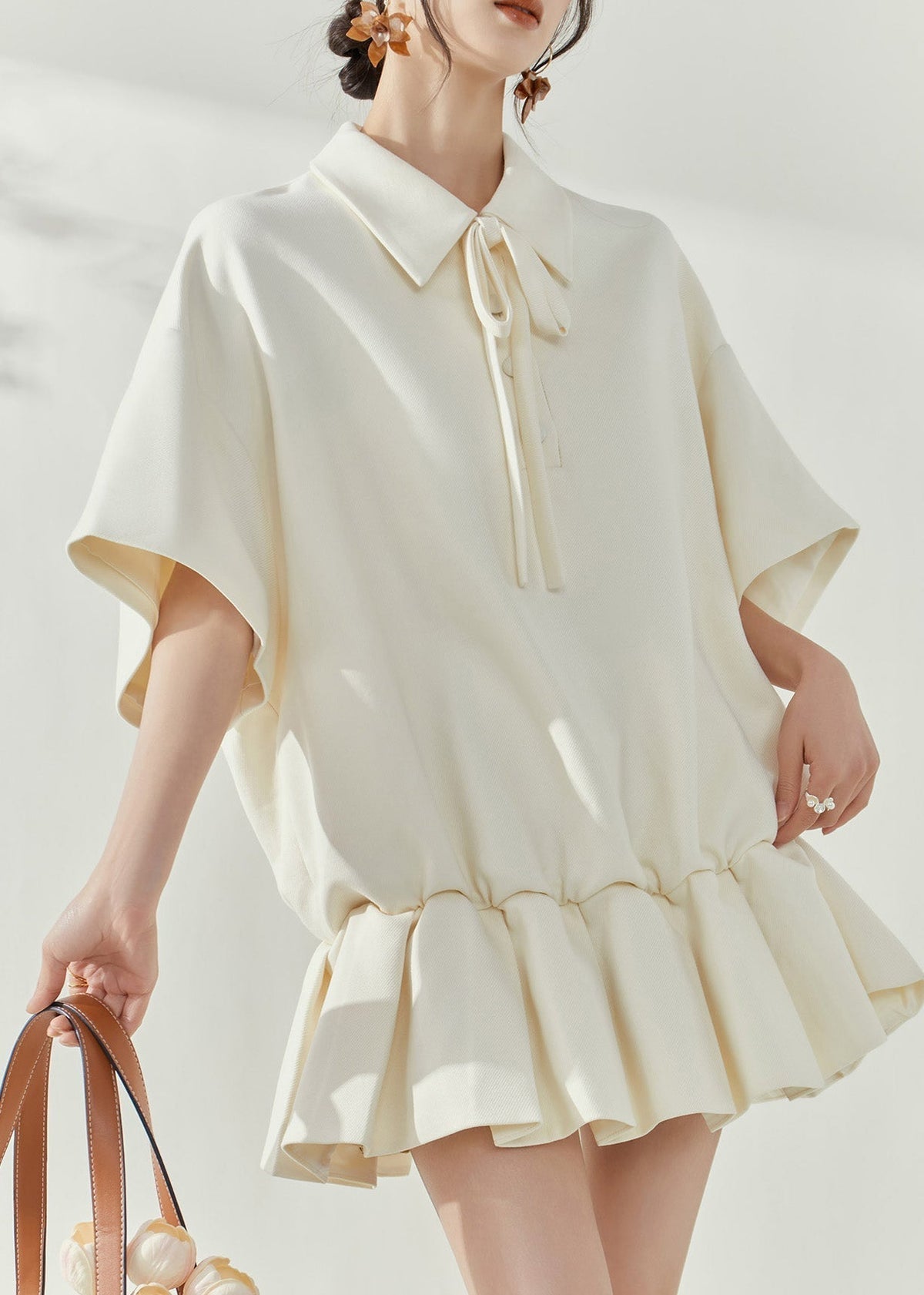 Pointed Collar Tie-Front Drop Shoulder Ruffle Hem Polo Mini Dress