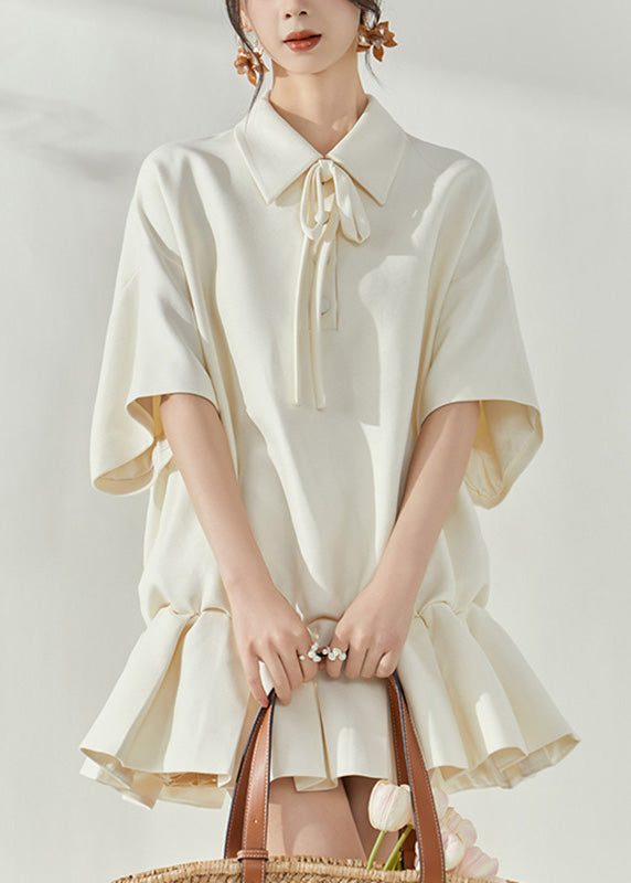Pointed Collar Tie-Front Drop Shoulder Ruffle Hem Polo Mini Dress