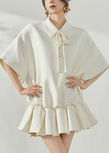 Pointed Collar Tie-Front Drop Shoulder Ruffle Hem Polo Mini Dress