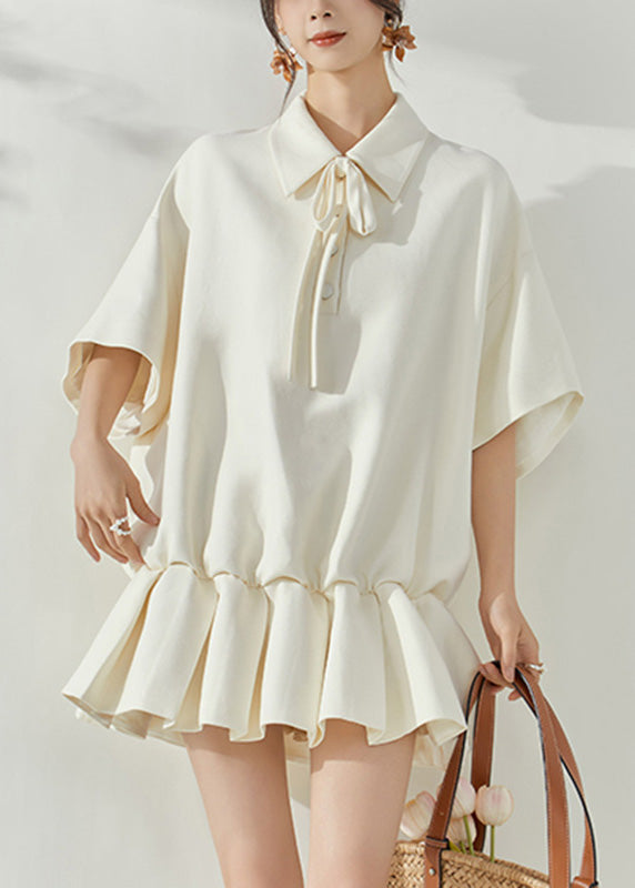 Pointed Collar Tie-Front Drop Shoulder Ruffle Hem Polo Mini Dress