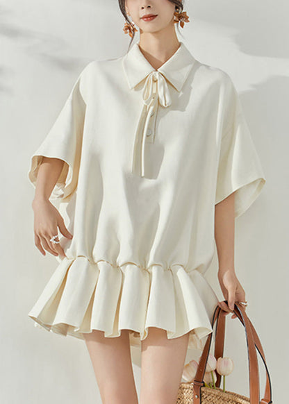 Pointed Collar Tie-Front Drop Shoulder Ruffle Hem Polo Mini Dress
