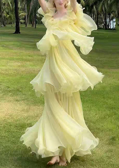 Square Neck Ruffle Shoulder Tiered Lettuce-Hem Maxi Dress