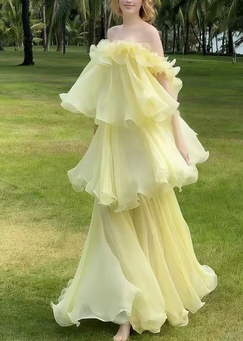 Square Neck Ruffle Shoulder Tiered Lettuce-Hem Maxi Dress