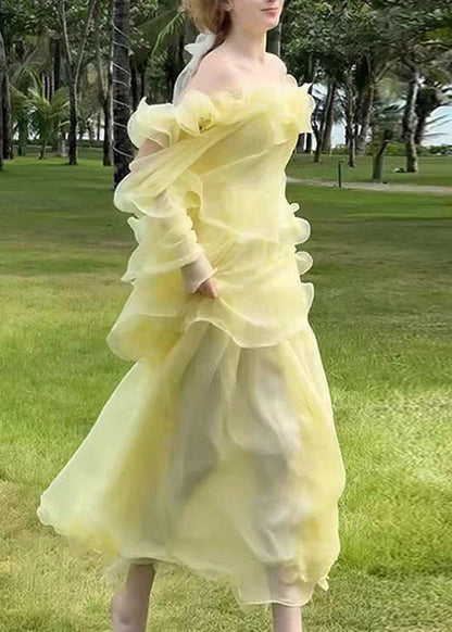 Square Neck Ruffle Shoulder Tiered Lettuce-Hem Maxi Dress