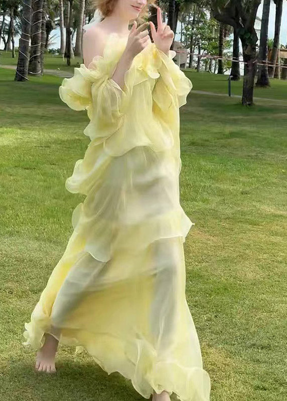 Square Neck Ruffle Shoulder Tiered Lettuce-Hem Maxi Dress