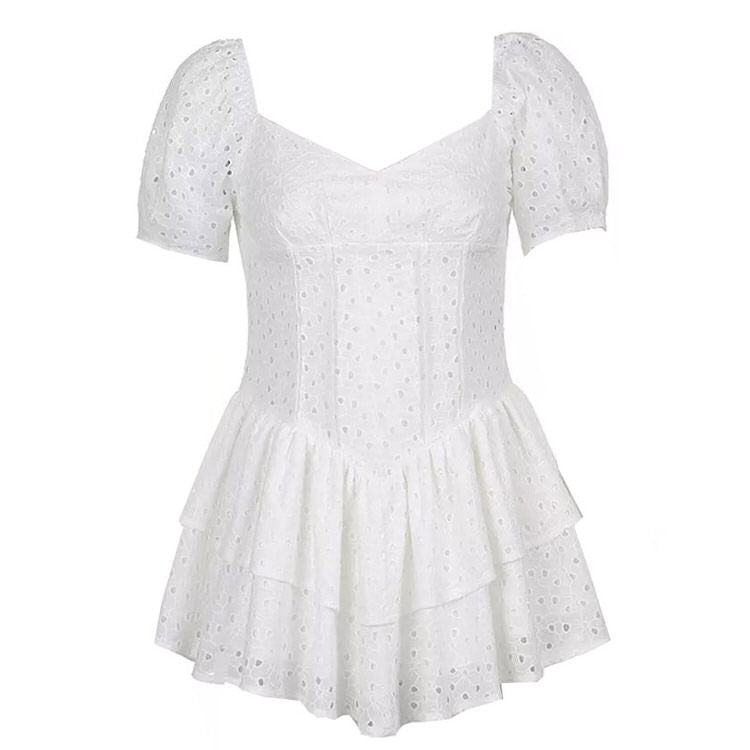 Sweetheart Eyelet Lace Puff Sleeve Corset Tiered Ruffle Mini Dress
