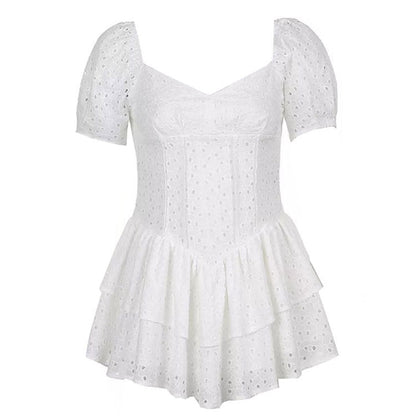 Sweetheart Eyelet Lace Puff Sleeve Corset Tiered Ruffle Mini Dress