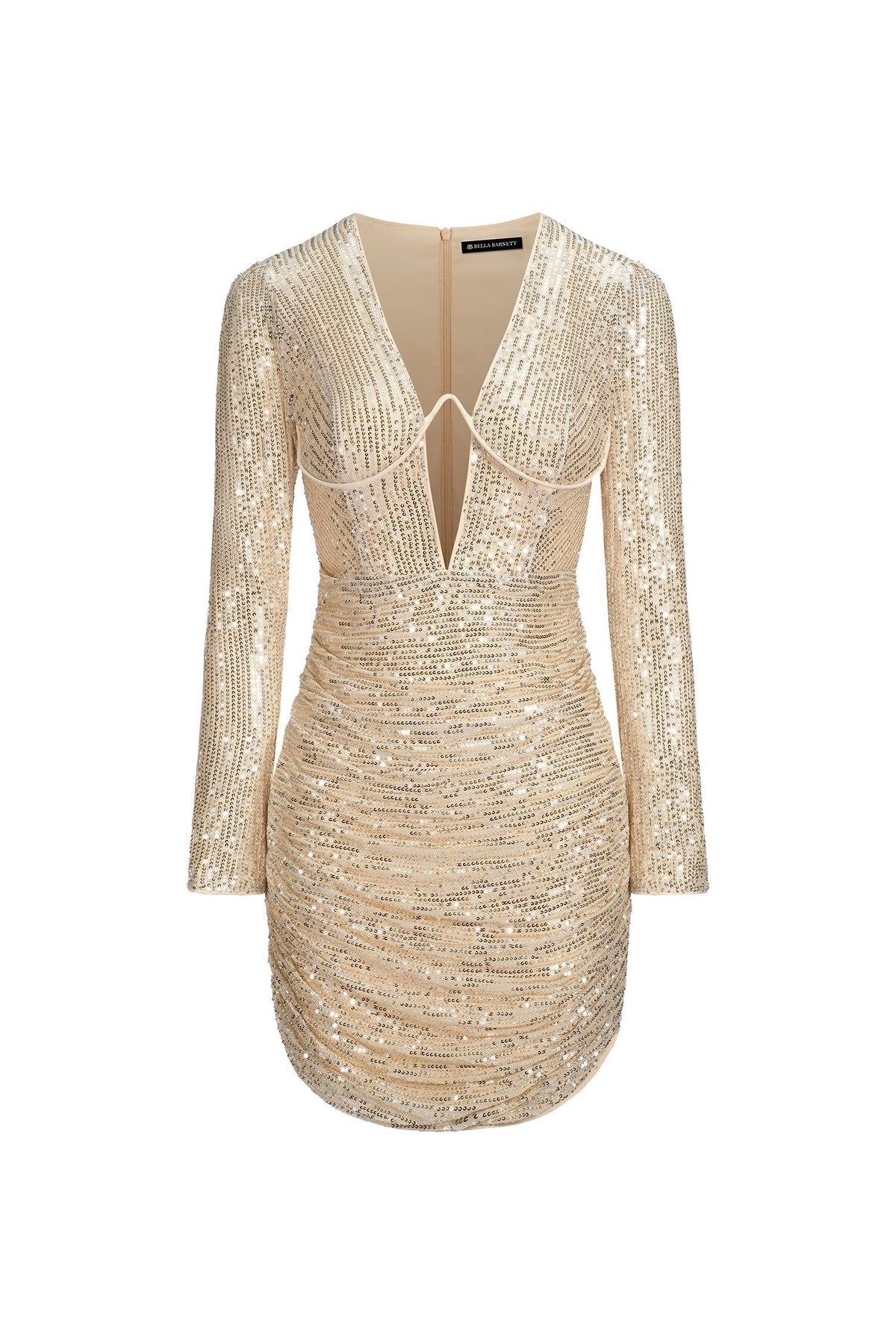 Long Sleeve Plunging V-Neck Underwire Sequin Ruched Bodycon Mini Dress