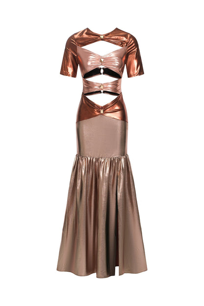 Short Sleeve Ruched Buckle Cutout Metallic Mermaid Maxi Dress