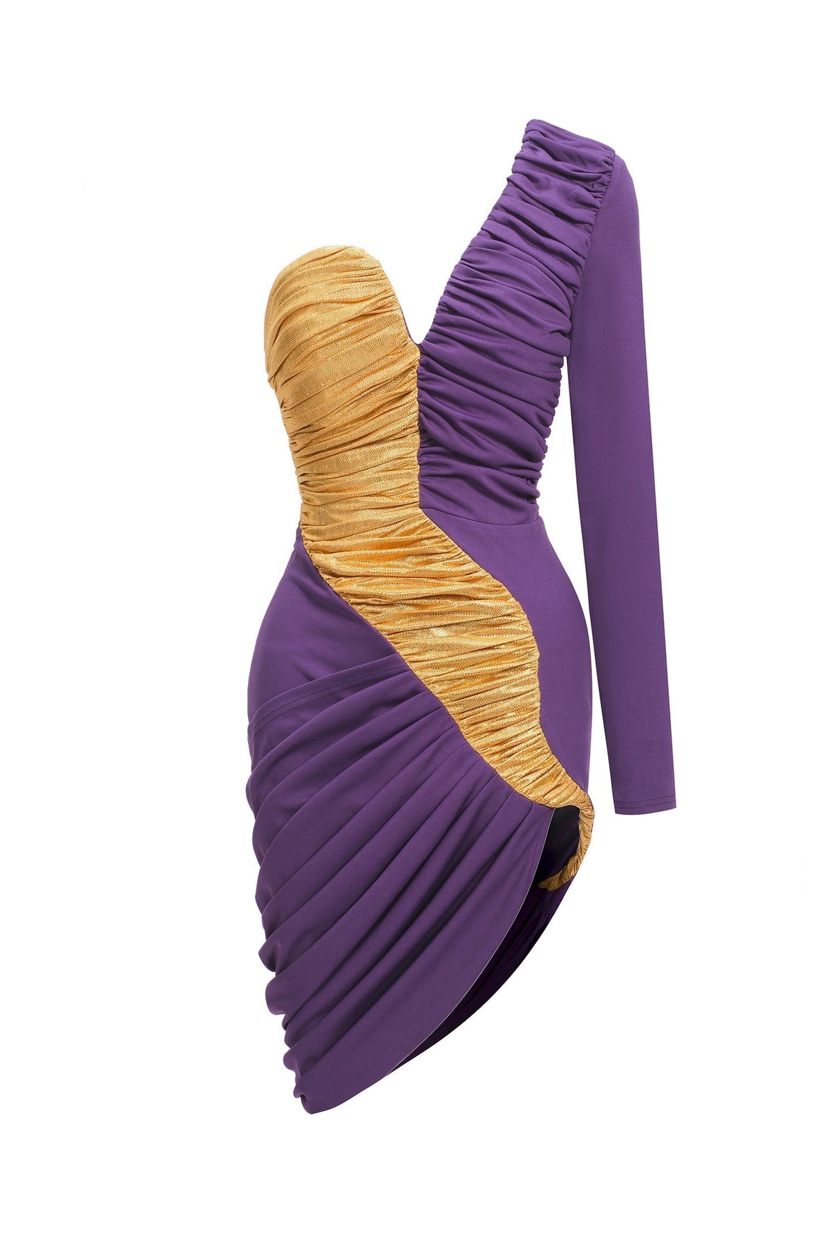 One Shoulder Ruched Diagonal Panel Bodycon Mini Dress