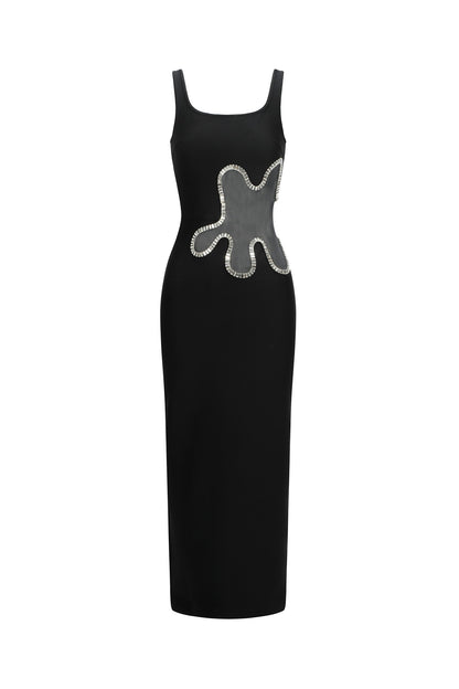 Scoop Neck Rhinestone Border Waist Cutout Maxi Dress