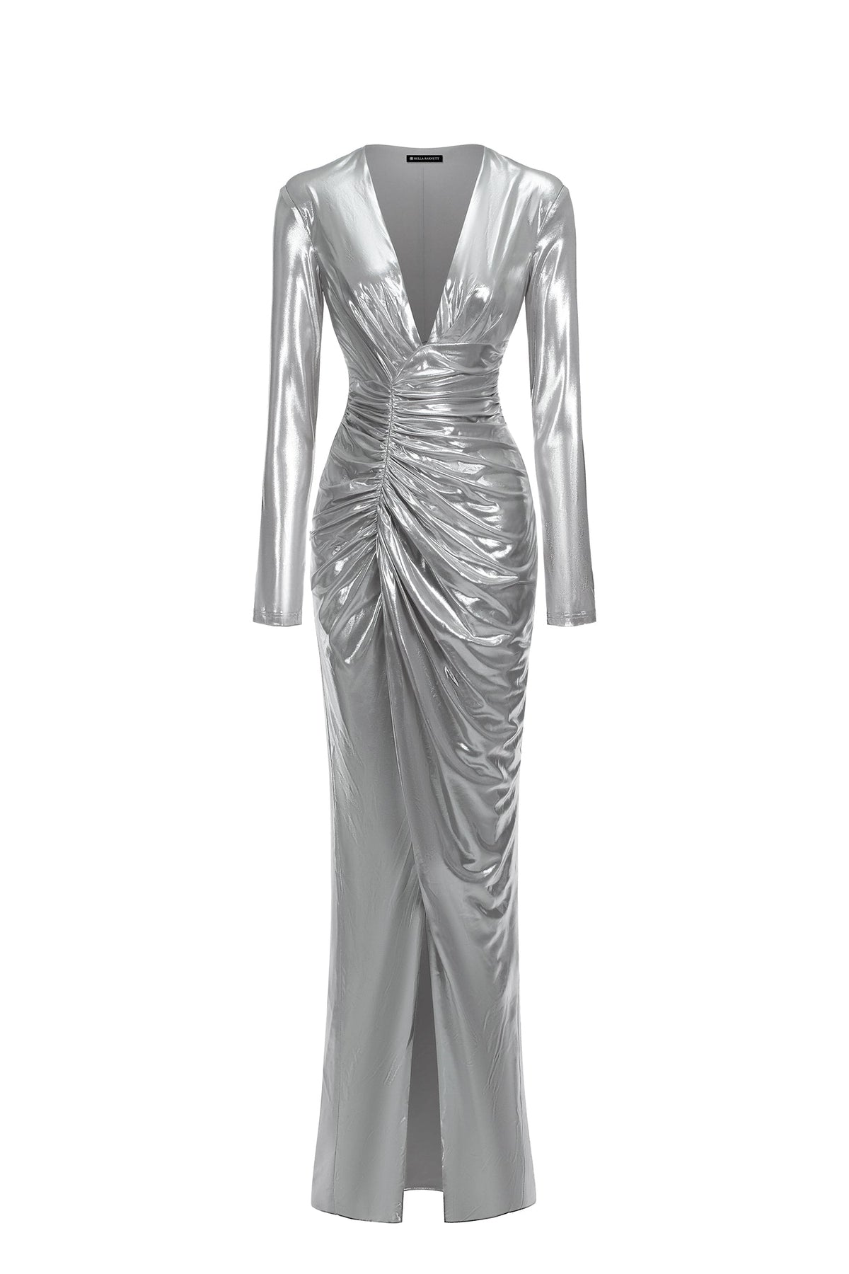 Deep V Long Sleeve Ruched Drape Front Slit Maxi Gown