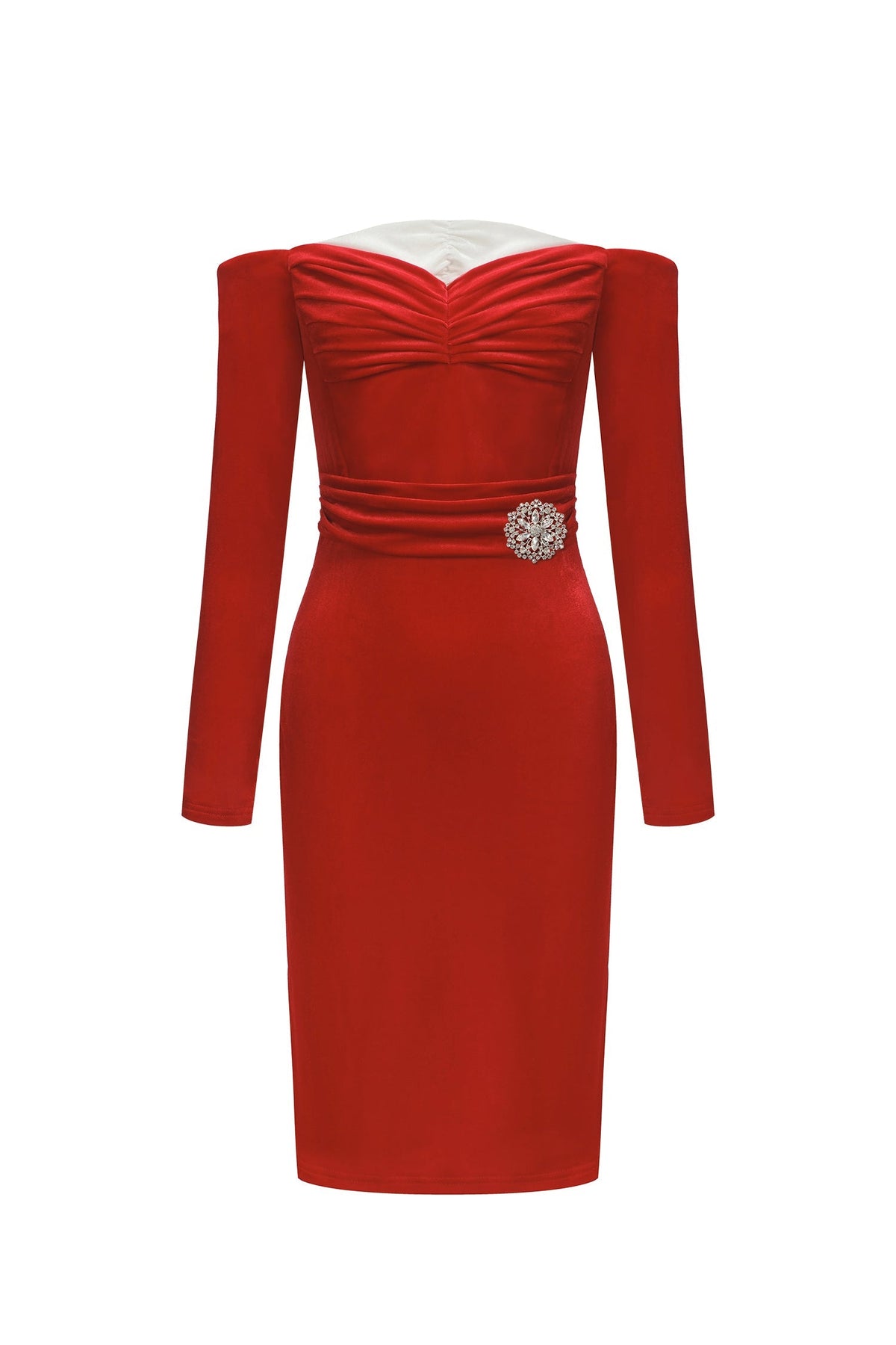 Ruched Sweetheart Rhinestone Brooch Waist Velvet Long Sleeve Midi Dress