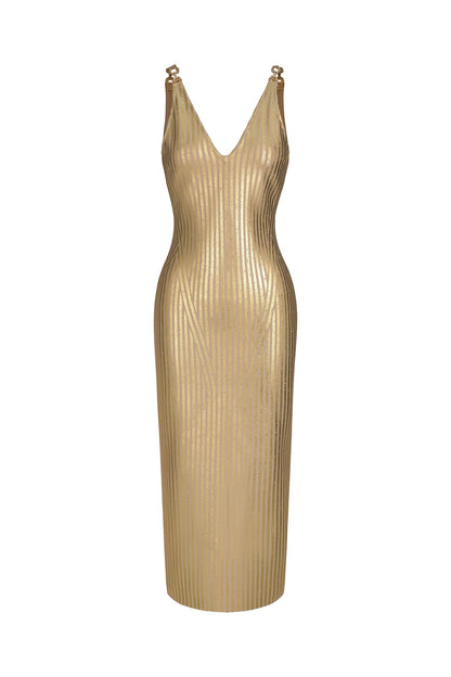 Spaghetti Strap Hardware Link Deep V Metallic Bandage Midi Dress