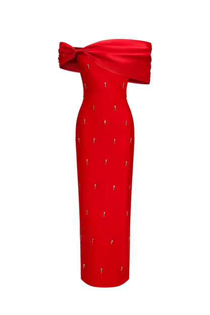 One Shoulder Diamond Bow Applique Bandage Column Maxi Dress