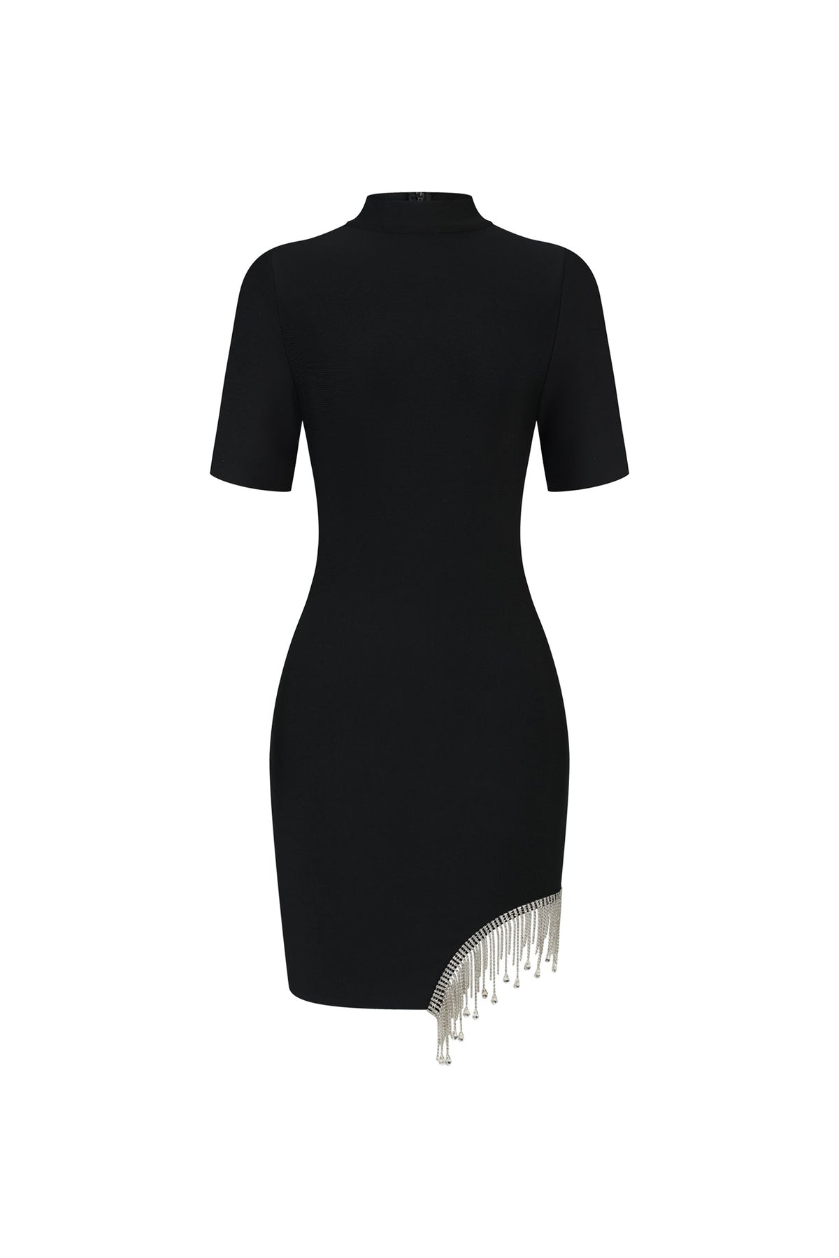 Mock Neck Short Sleeve Asymmetrical Rhinestone Fringe Bodycon Mini Dress