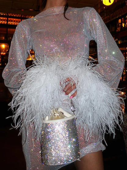 Sequin Mesh Mock Neck Feather Cuff Bell Sleeve Mini Dress
