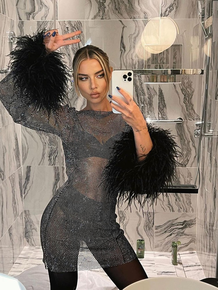 Sequin Mesh Mock Neck Feather Cuff Bell Sleeve Mini Dress