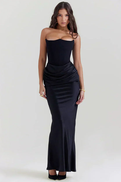 Strapless Pointed Neckline Hip Ruched Column Maxi Gown
