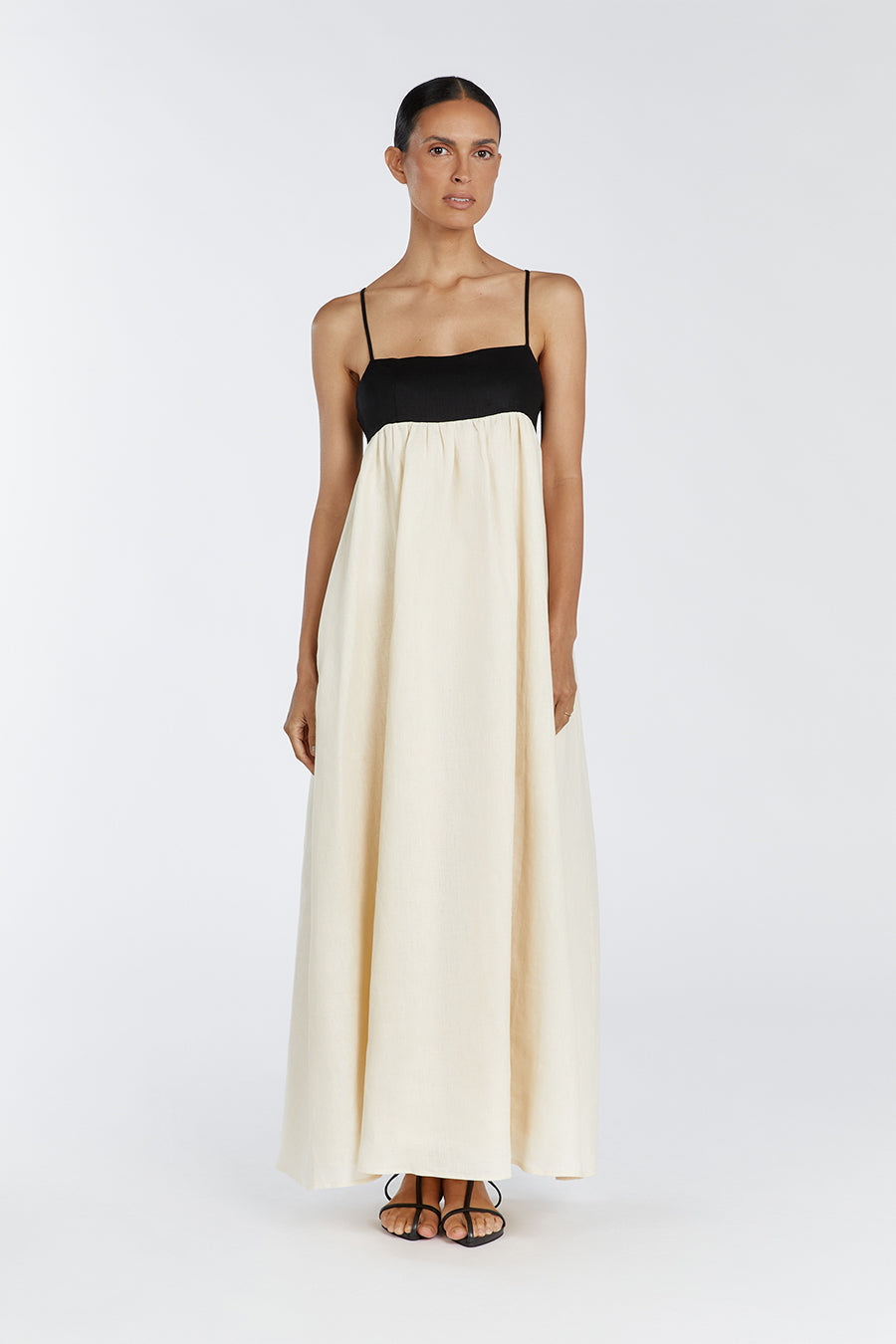Spaghetti Strap Empire Waist Contrast Bodice Woven Maxi Dress