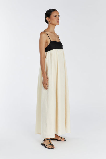 Spaghetti Strap Empire Waist Contrast Bodice Woven Maxi Dress