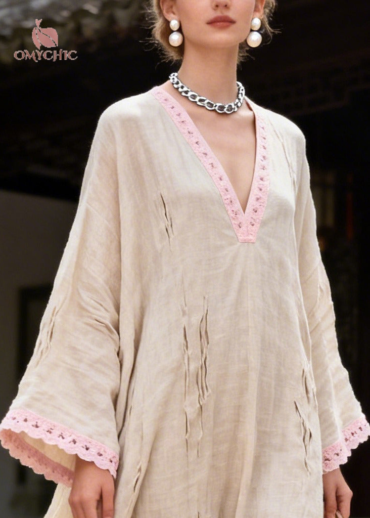 Deep V-Neck Crochet Lace Trim Distressed Shredded Bell Sleeve Maxi Kaftan Dress