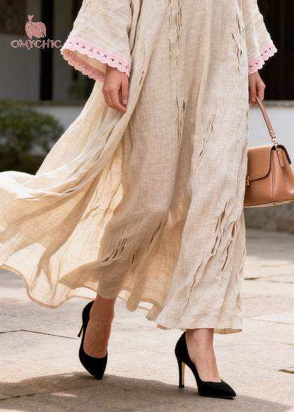 Deep V-Neck Crochet Lace Trim Distressed Shredded Bell Sleeve Maxi Kaftan Dress