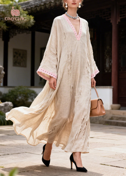 Deep V-Neck Crochet Lace Trim Distressed Shredded Bell Sleeve Maxi Kaftan Dress