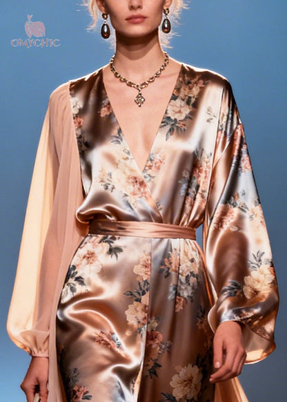 Deep V Neck Floral Satin Wrap Jumpsuit With Sheer Cape Overlay