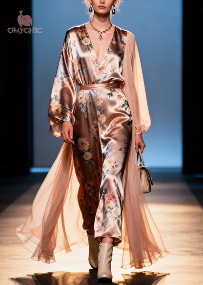 Deep V Neck Floral Satin Wrap Jumpsuit With Sheer Cape Overlay