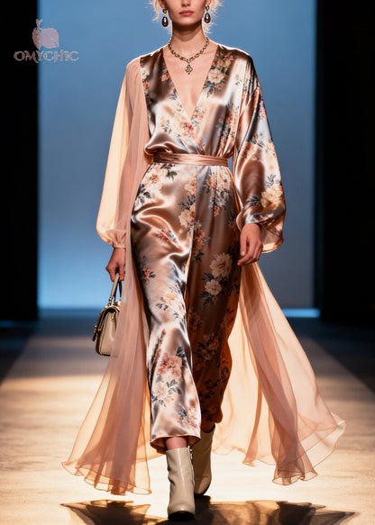 Deep V Neck Floral Satin Wrap Jumpsuit With Sheer Cape Overlay