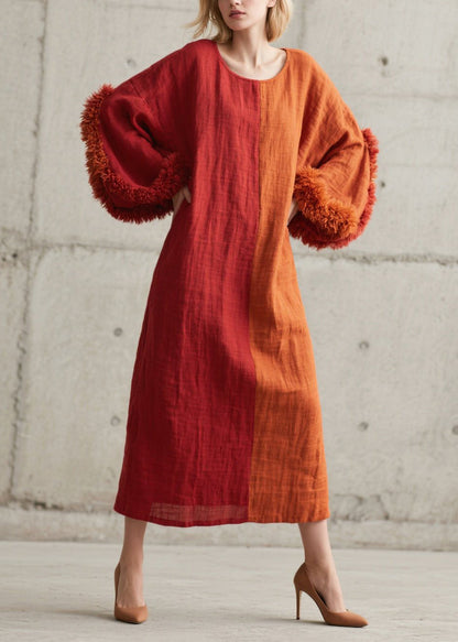 Split Panel Oversized Bell Sleeve Faux Fur Cuff Midi Dress