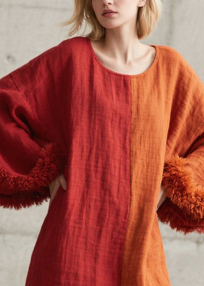 Split Panel Oversized Bell Sleeve Faux Fur Cuff Midi Dress