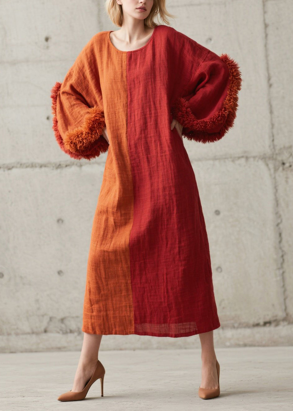 Split Panel Oversized Bell Sleeve Faux Fur Cuff Midi Dress