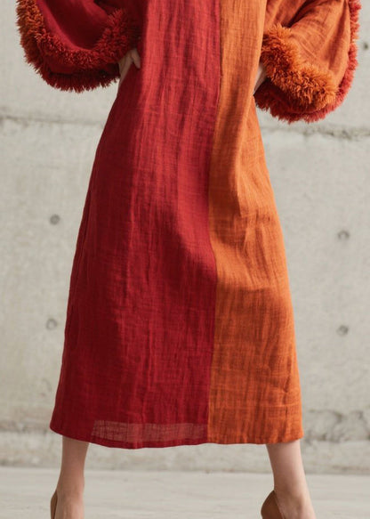 Split Panel Oversized Bell Sleeve Faux Fur Cuff Midi Dress