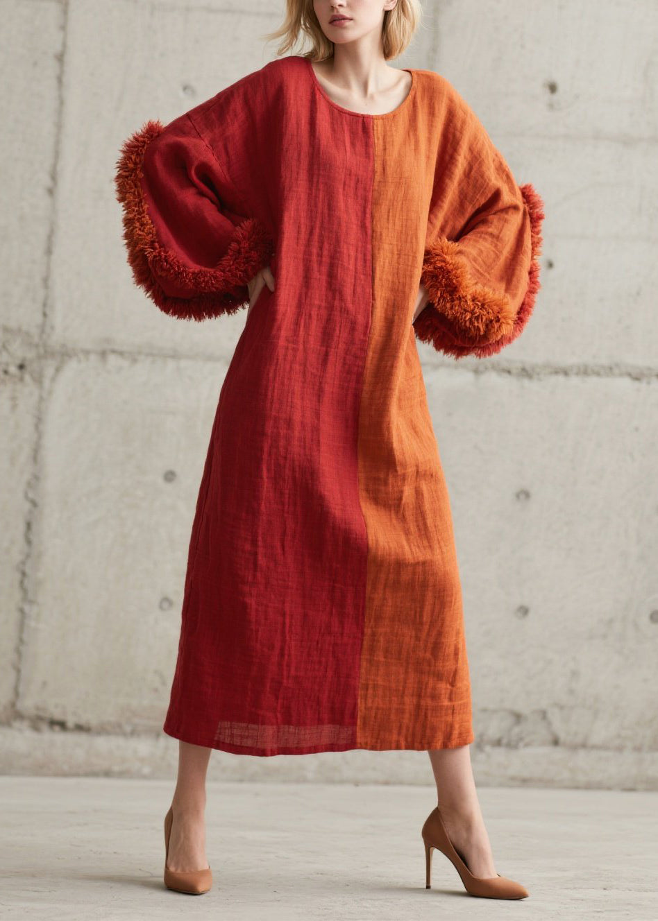 Split Panel Oversized Bell Sleeve Faux Fur Cuff Midi Dress