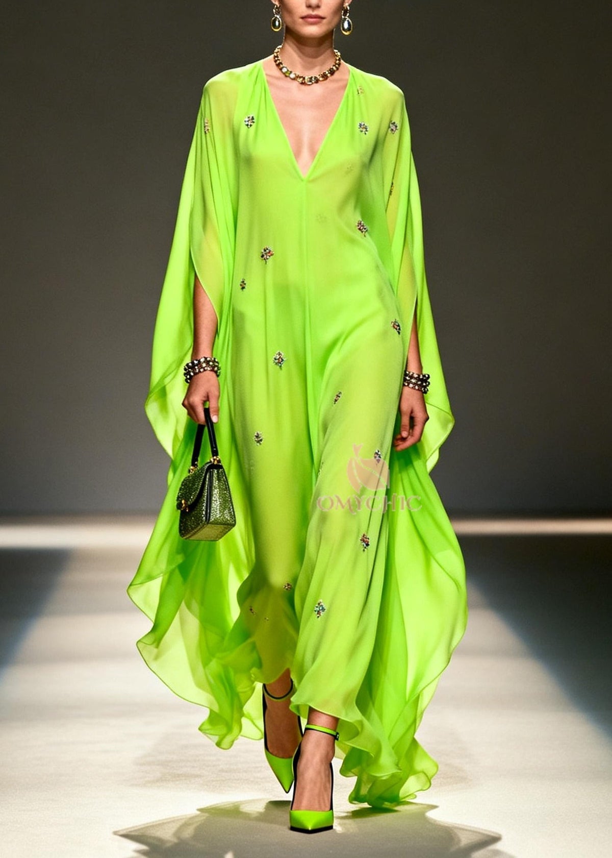Deep V Neck Floral Embroidery Cape Sleeve Chiffon Maxi Dress