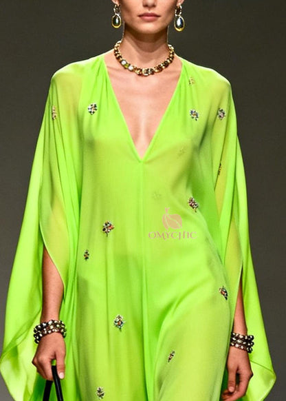 Deep V Neck Floral Embroidery Cape Sleeve Chiffon Maxi Dress