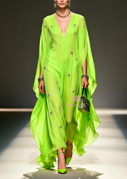 Deep V Neck Floral Embroidery Cape Sleeve Chiffon Maxi Dress