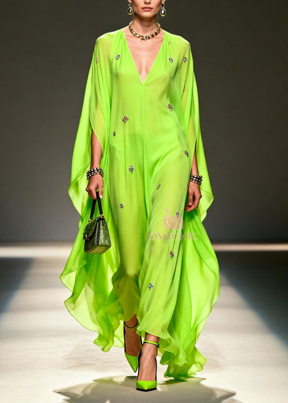 Deep V Neck Floral Embroidery Cape Sleeve Chiffon Maxi Dress